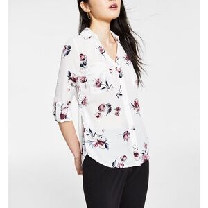 BCX Floral Print Collared Blouse with Roll Tab 3/4 Sleeves XL